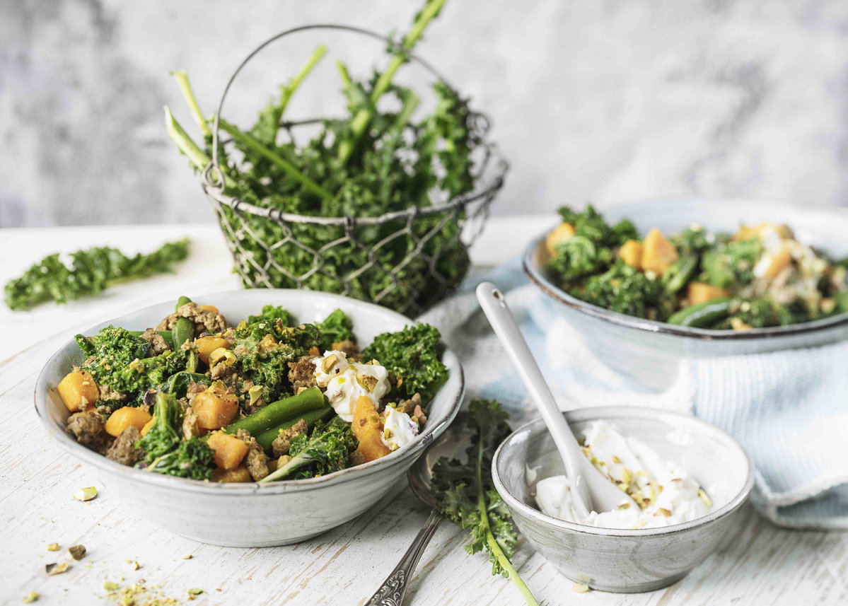 Grünkohl-Süßkartoffel-Curry mit Hackfleisch