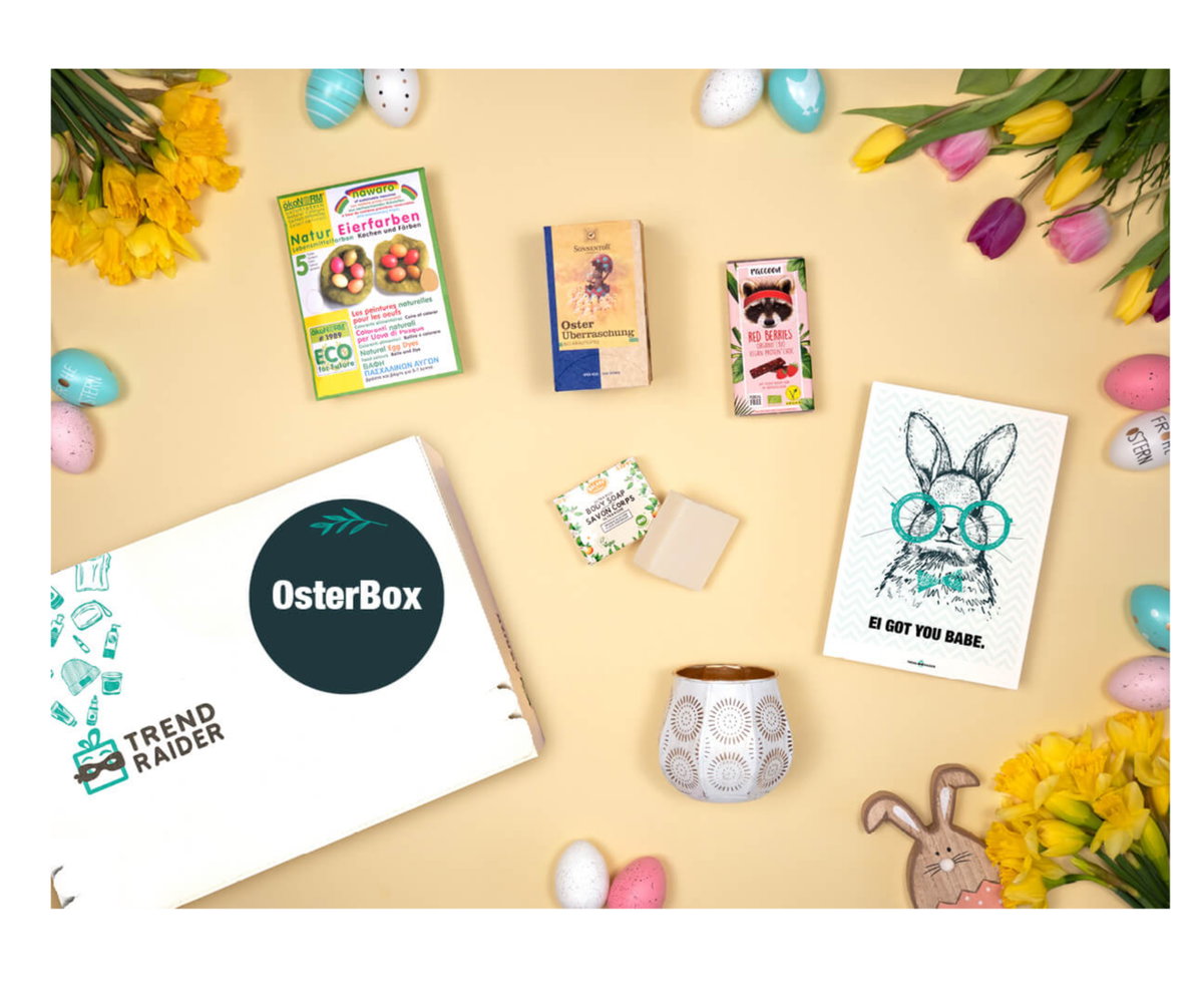 Feiern Sie grüne Ostern und verschenken Sie die nachhaltige OsterBox von TrendRaider , die viele hübsche Kleinigkeiten wie Schokolade, Tee oder Seife enthält. Gerade in der Corona-Pandemie eine schöne Idee, um seinen Liebsten eine Freude zu bereiten.