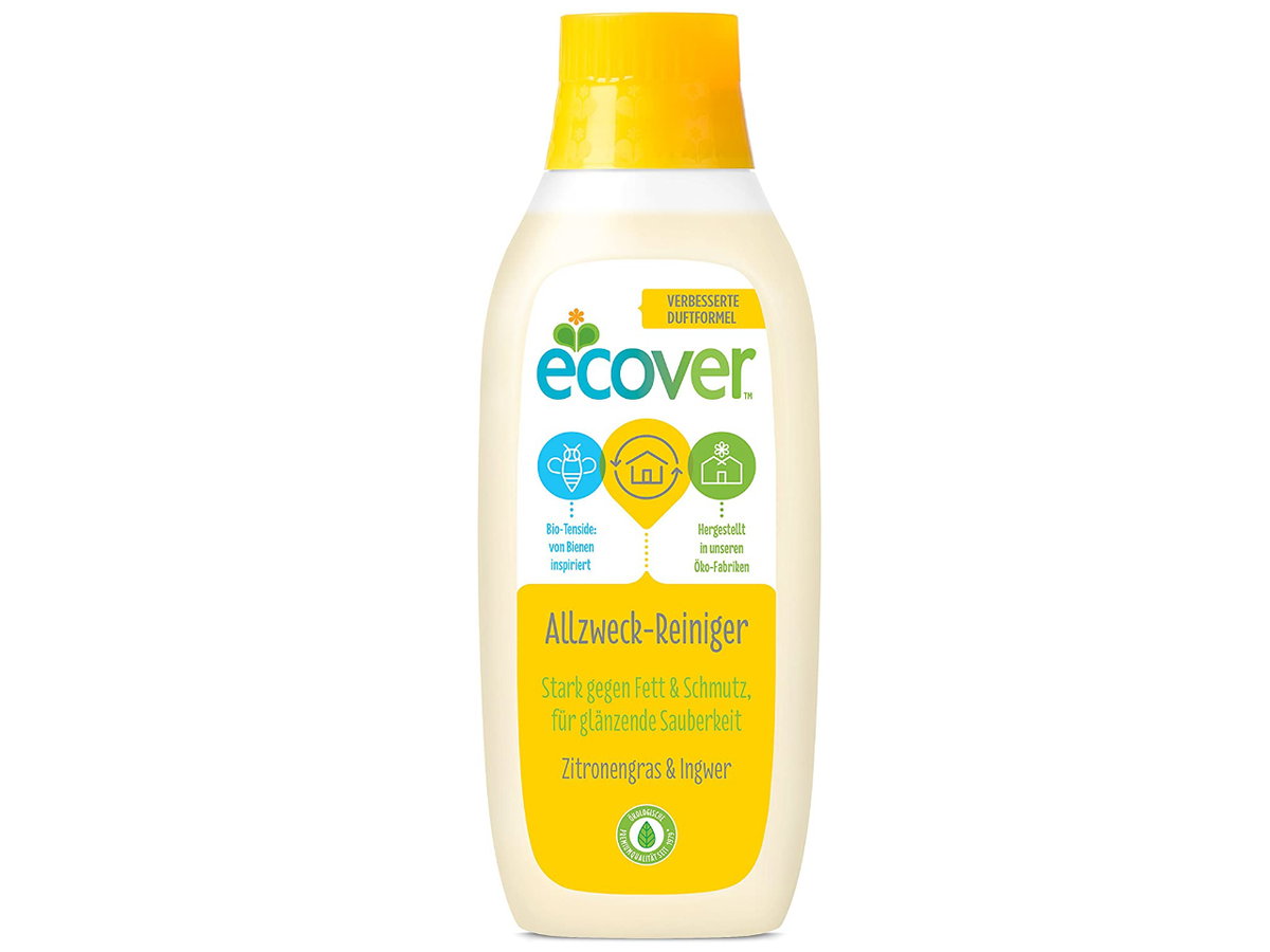 2. Ökologischer Allzweck-Reiniger von Ecover: Ecover verwendet in seinen Reinigungsmitteln ausschließlich nachwachsende pflanzliche sowie mineralische Rohstoffe. Da diese schnell und vollständig biologisch abbaubar sind, hinterlassen sie keine Spuren in der Umwelt. Die Flasche des Allzweck-Reinigers besteht zudem aus pflanzenbasiertem Polyethylen, welches zu 100 Prozent recyclebar ist. Den ökologischen Allzweck-Reiniger von Ecover mit Zitronenduft erhalten Sie hier im 2er-Pack für ca. 12 Euro.