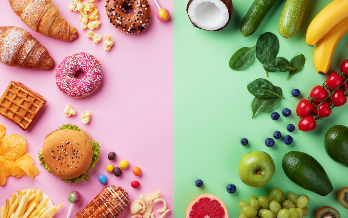Süßigkeiten und Fast Food auf der einen Seite, Obst und Gemüse auf der anderen