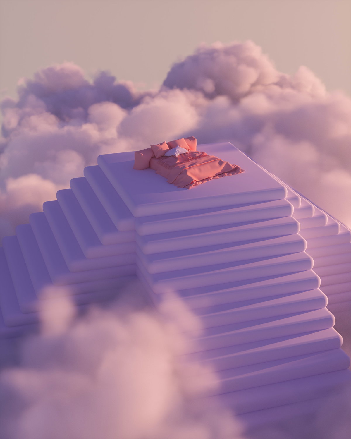 Traumbett auf Pyramide in Wolken