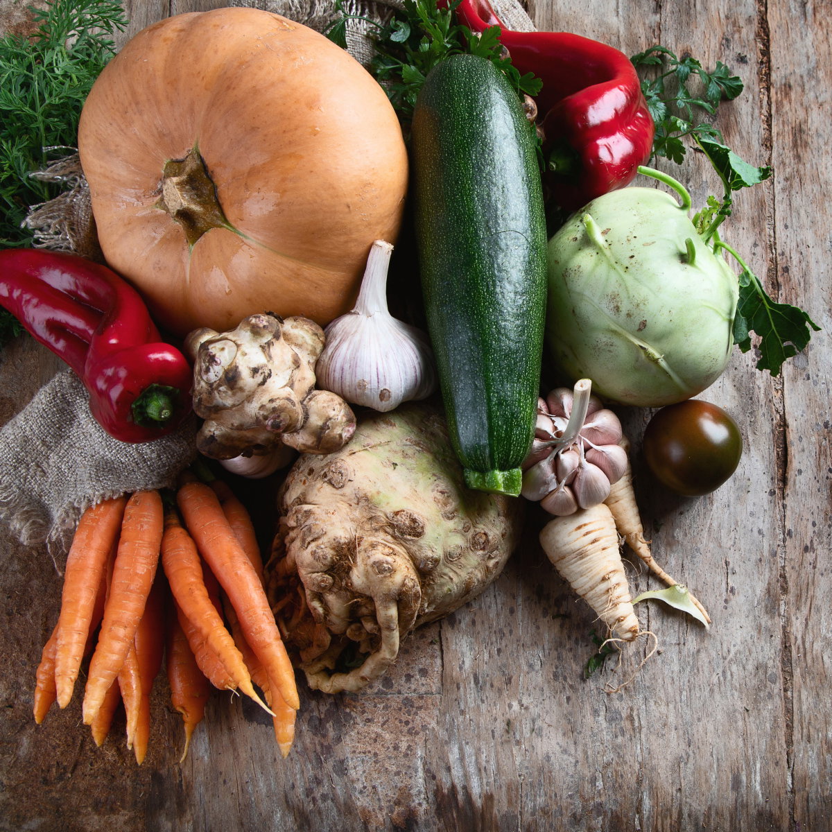 Kürbis, Paprika, Knoblauch, Sellerie, Möhren