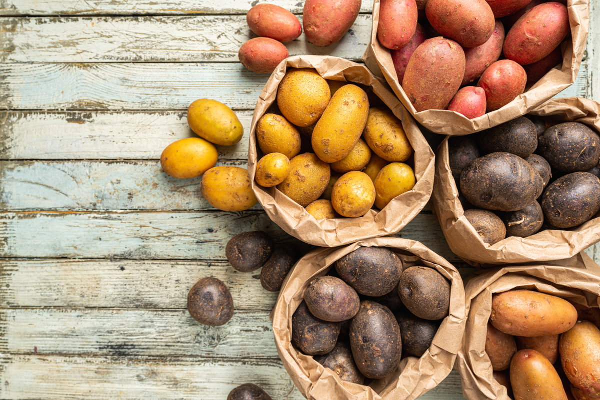 Erntefrische bunte Kartoffeln in Tüten auf Holztisch