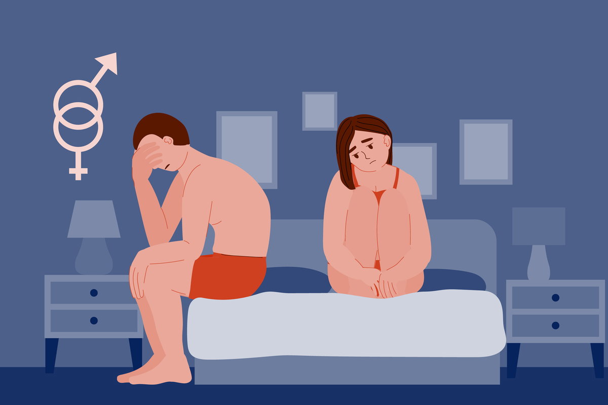 Mann und Frau sitzen auf dem Bett und haben Probleme beim Sex