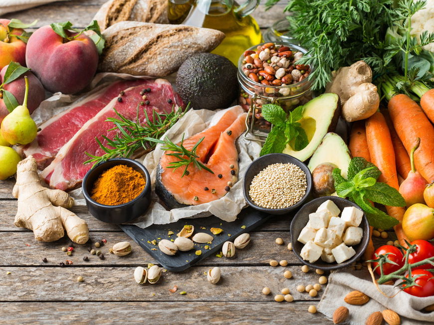 Gemüse, Obst, Fisch, Nüsse und Tofu