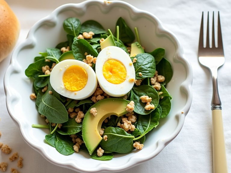 Ein frischer grüner Salat in einer Schale, garniert mit Ostereiern und Avocado-Stücken.