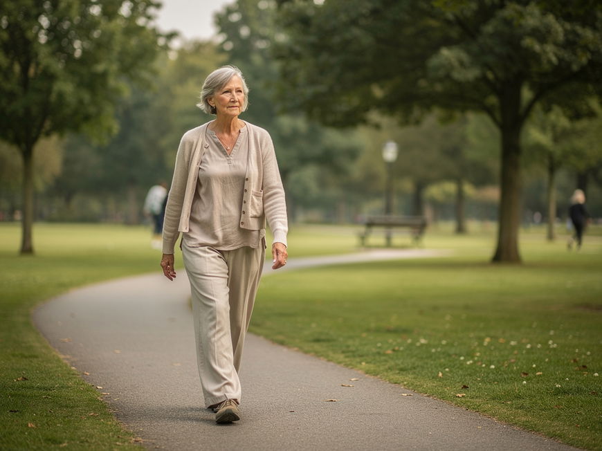 Ältere Frau beim achtsamen Tai-Chi-Gehen auf einem ruhigen Parkweg, konzentriert und entspannt.