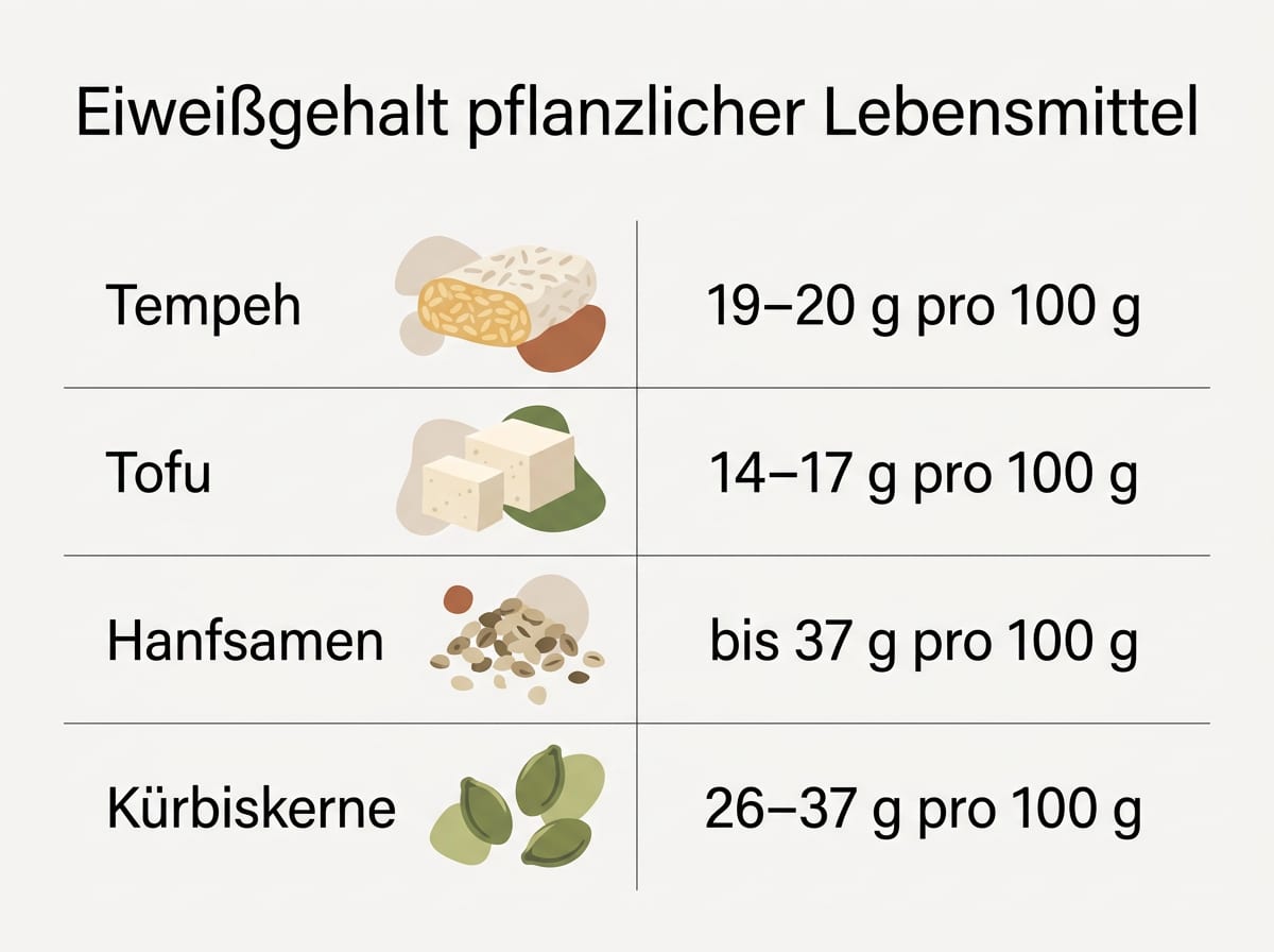 Balkendiagramm mit dem Eiweißgehalt von Tempeh, Tofu, Hanfsamen und Kürbiskernen pro 100 Gramm.