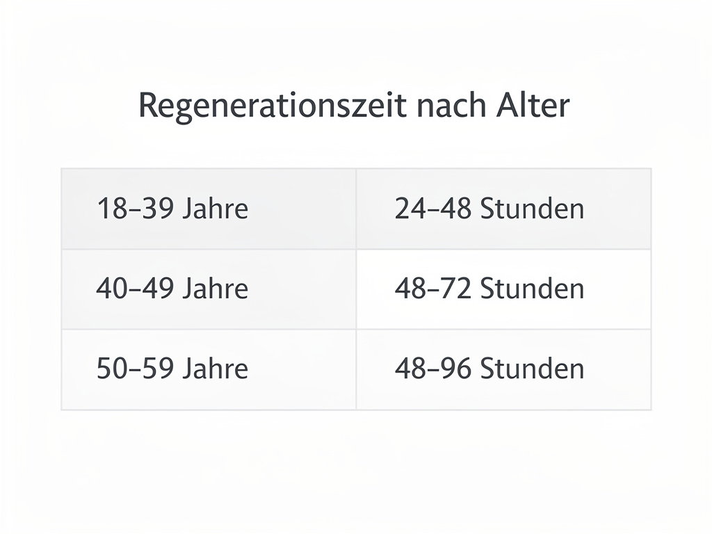 Balkengrafik zeigt die empfohlene Muskel-Regenerationszeit in Stunden nach Altersgruppe
