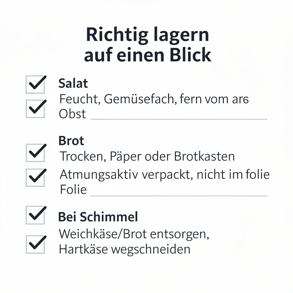 Checkliste mit den wichtigsten Lagerregeln für Salat, Brot und Käse