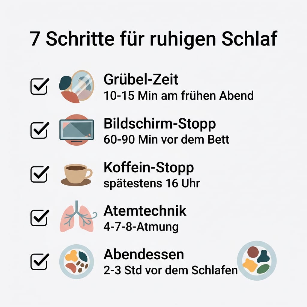 Checkliste mit fünf Einschlaftipps, darunter Grübel-Zeit, Bildschirm-Stopp, Koffein-Stopp, Atemtechnik und Abendessen-Timing.