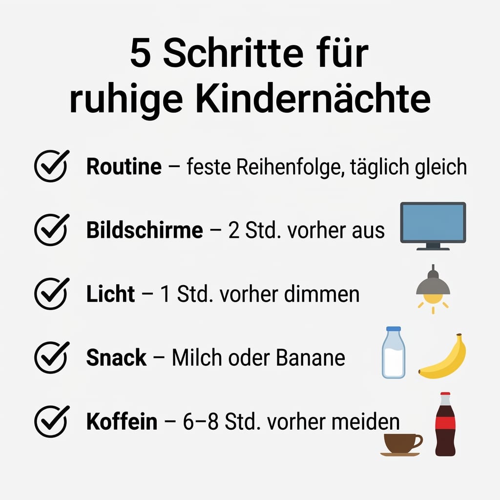 Checkliste mit fünf Schritten für eine schlaffördernde Abendroutine bei Kindern
