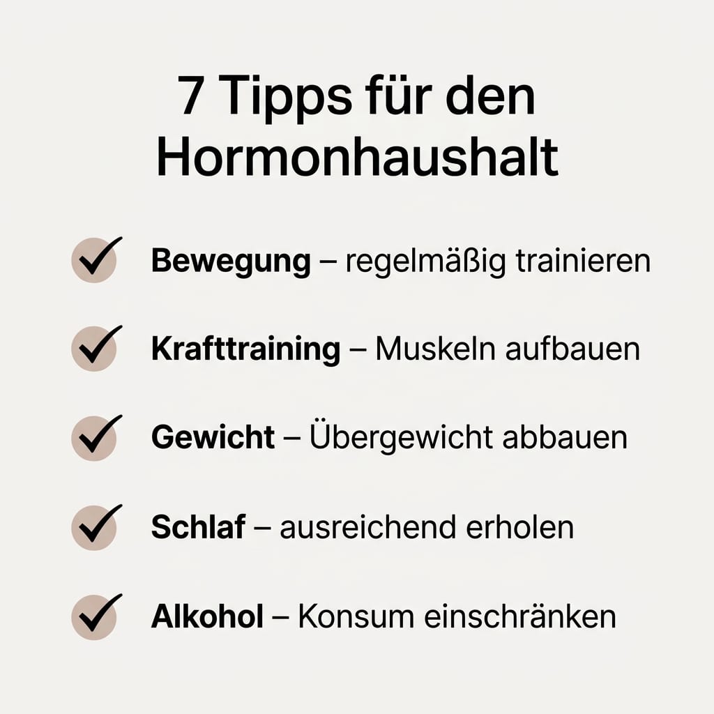 Checkliste mit sieben Lebensstil-Maßnahmen zur Unterstützung des Testosteronspiegels im Alter.