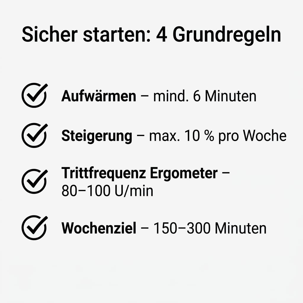 Checkliste mit vier Grundregeln für den sicheren Sport-Wiedereinstieg über 40