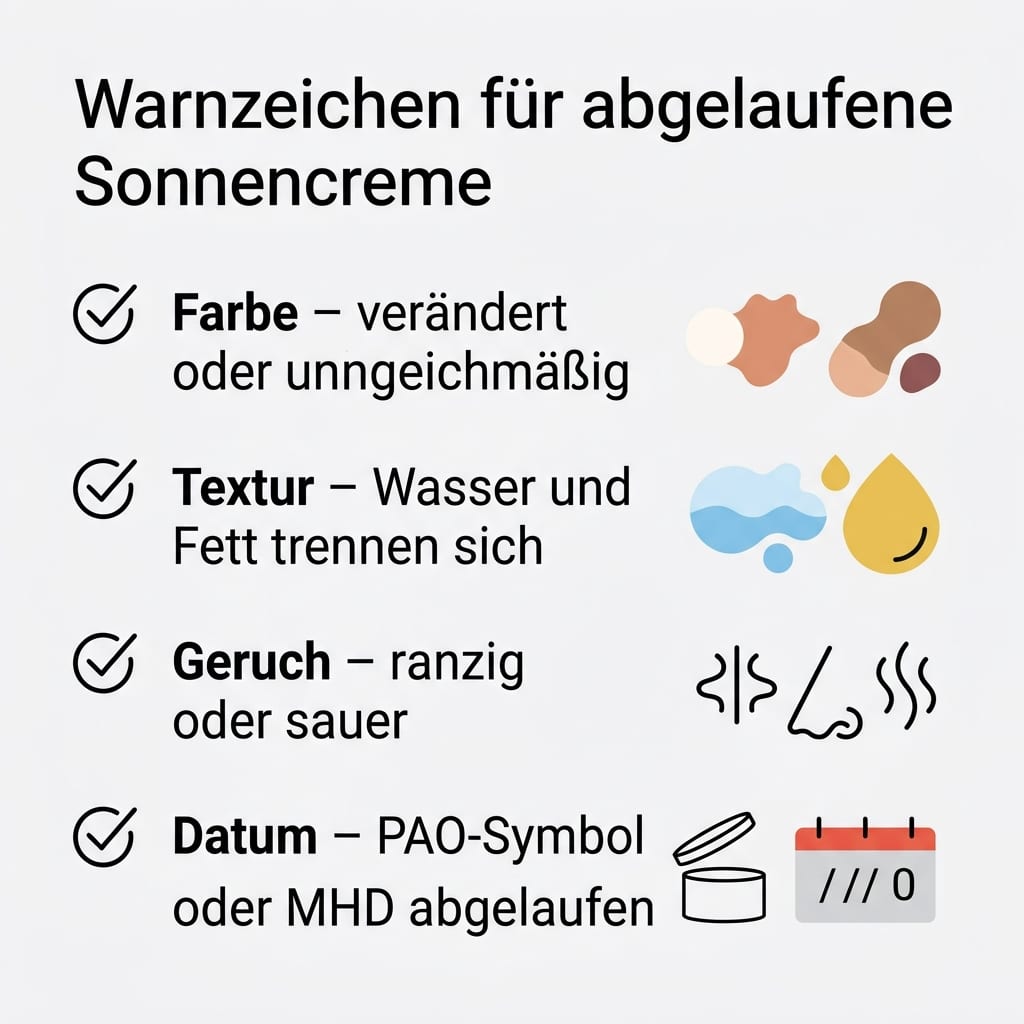 Checkliste mit vier Warnzeichen für abgelaufene Sonnencreme: Farbe, Textur, Geruch, Datum.