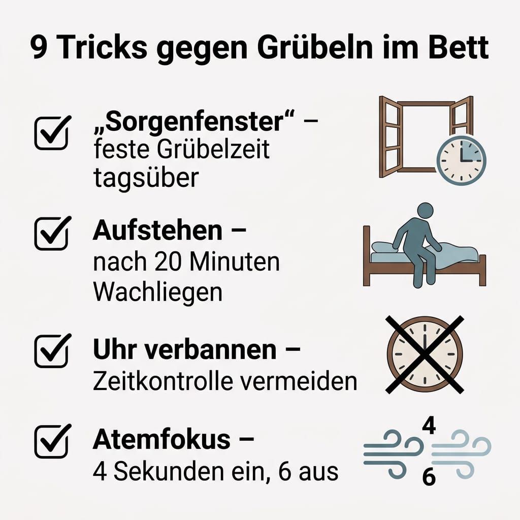 Checkliste mit vier zentralen mentalen Tricks gegen abendliches Grübeln vor dem Einschlafen.