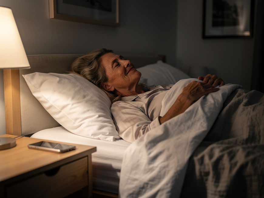 Entspannte Frau mittleren Alters liegt im dunklen Schlafzimmer im Bett, Smartphone auf der Kommode außer Reichweite