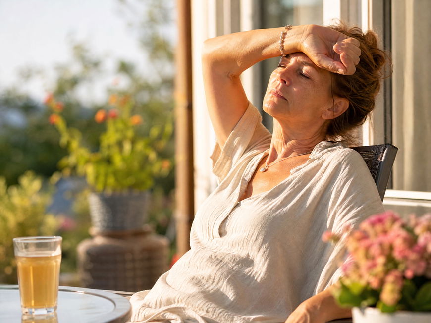 Erschöpfte Frau mittleren Alters sitzt auf sonniger Terrasse mit Getränk, intensive Sommerhitze und wirkt sehr müde/gähnt