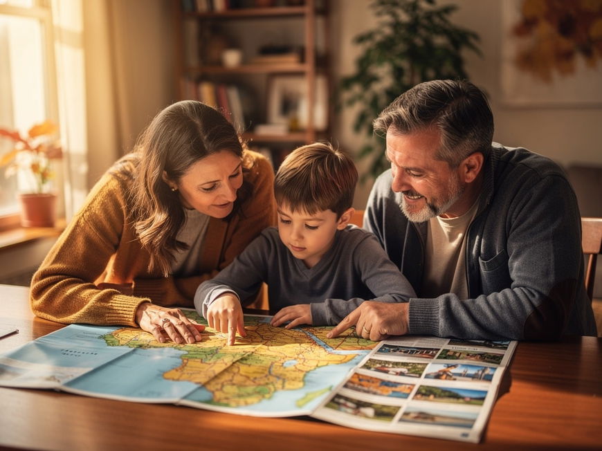 Familie sitzt am Esstisch und plant gemeinsam Herbstferien anhand einer Landkarte, warmes Tageslicht, entspannte Atmosphäre