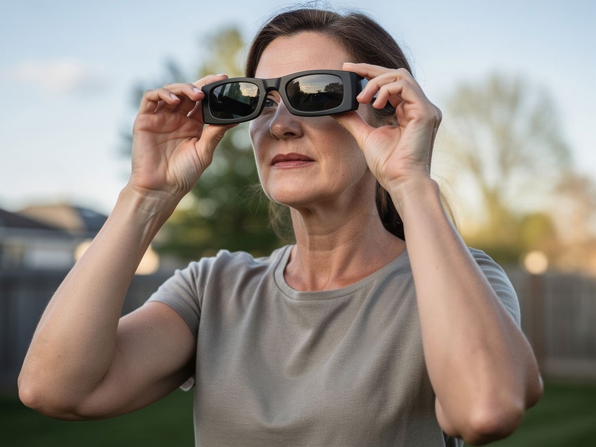 Frau mittleren Alters prüft Sonnenfinsternisbrille gegen das Tageslicht im Freien.