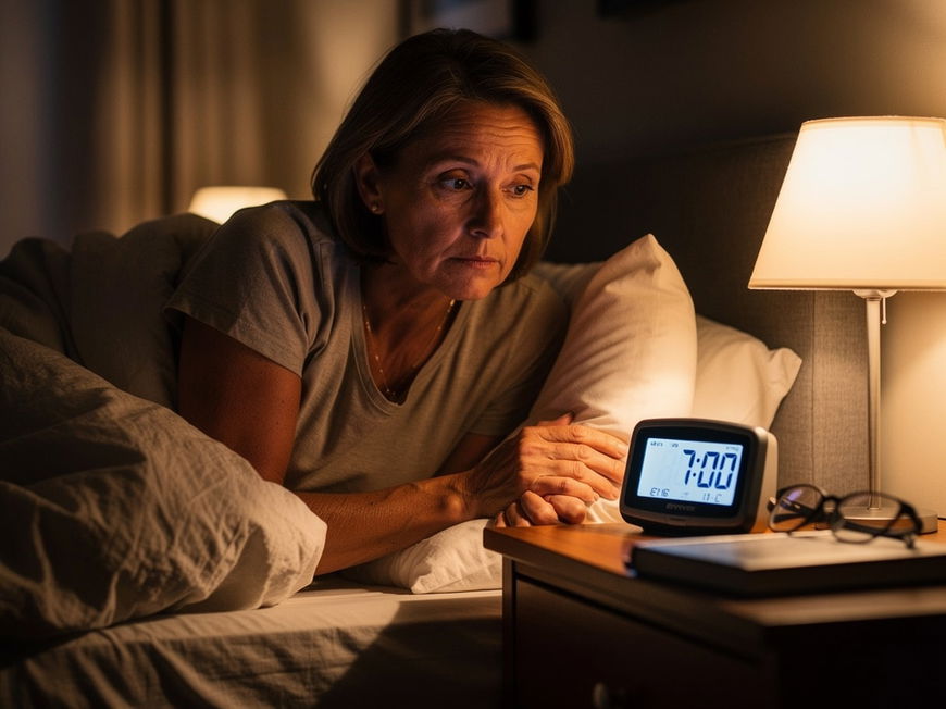 Frau mittleren Alters sitzt nachts wach im Bett, schaut auf den Wecker, gedimmtes Nachttischlampenlicht