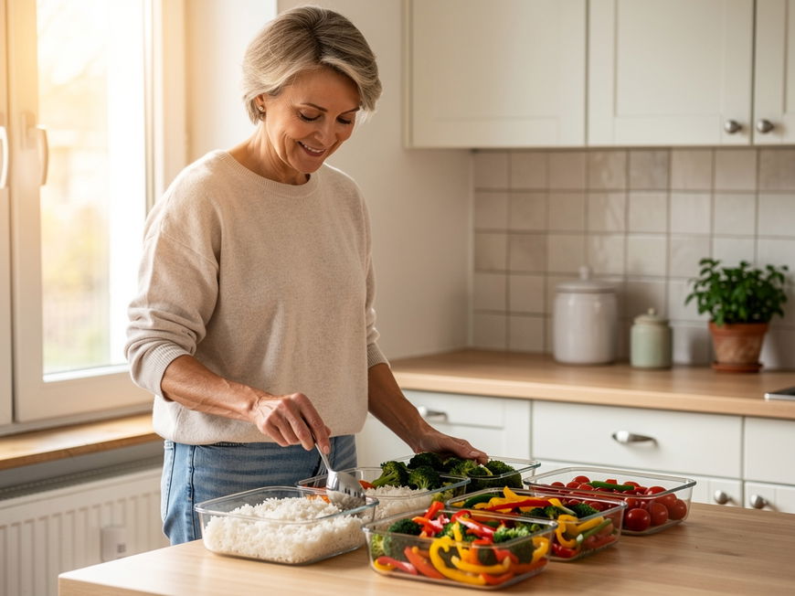Frau um die 50 Jahre portioniert mit Kelle Gemüse und Reis in Glas-Behälter zum Vorkochen