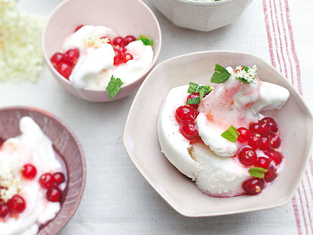 Holunderblüten-Sorbet mit Johannisbeer-Honig-Kompott
