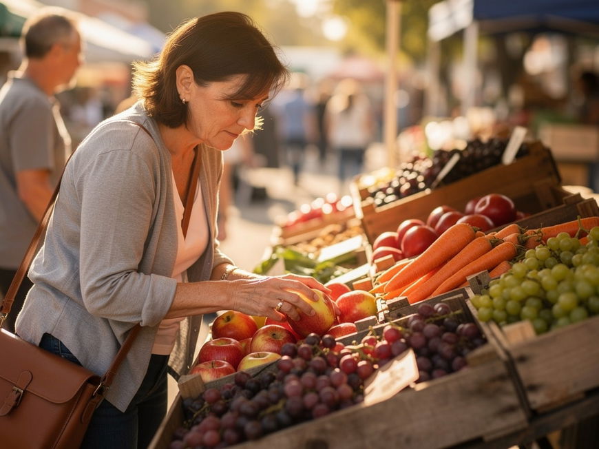 Mittelalte Frau stöbert an sonnigem Wochenmarktstand durch Kisten mit frischem Obst und Gemüse.