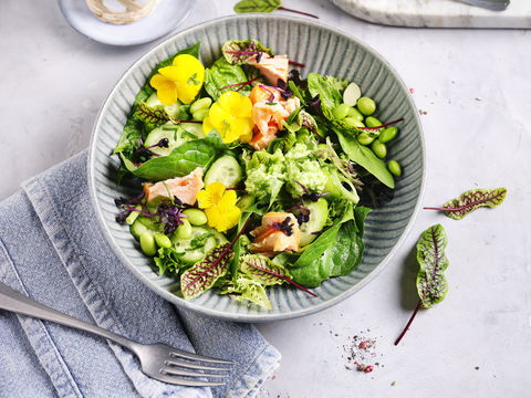 In nur 35 Minuten auf dem Tisch: Bunte Low-Carb Protein-Bowl mit Lachs, Edamame und frischer Kresse