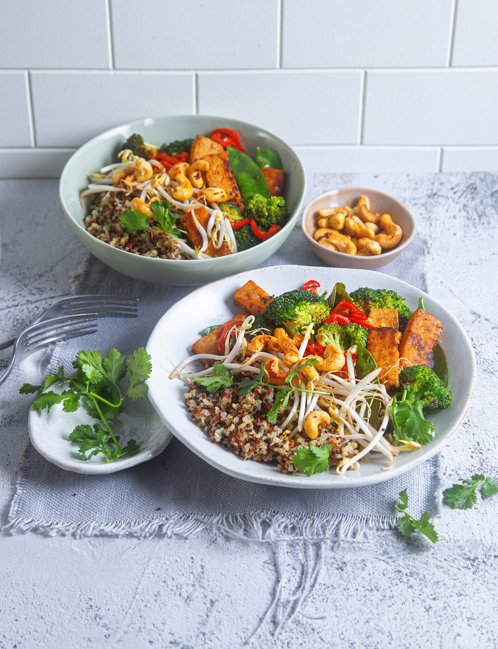 Leicht, knackig, proteinreich: Asiatische Quinoa-Gemüse-Bowl mit goldbraun gebratenem Tempeh
