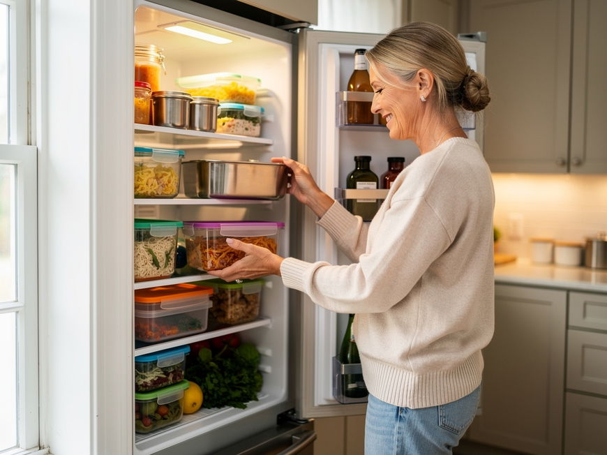 Reife Frau räumt befüllte Vorratsdosen aus Glas, Edelstahl und Kunststoff in den Kühlschrank einer hellen Küche ein.