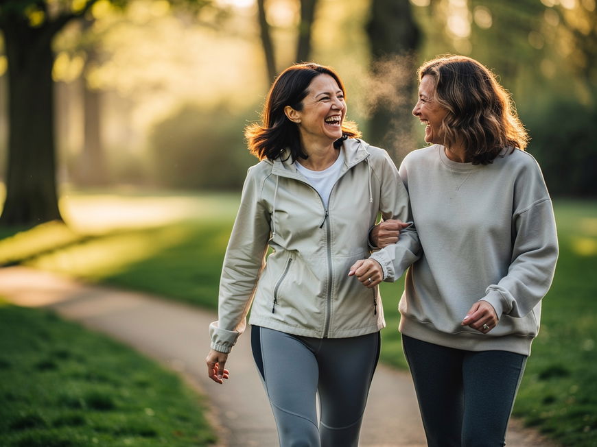 Zwei Frauen Mitte 40 lachen während eines zügigen Spaziergangs im Park in der Morgensonne.